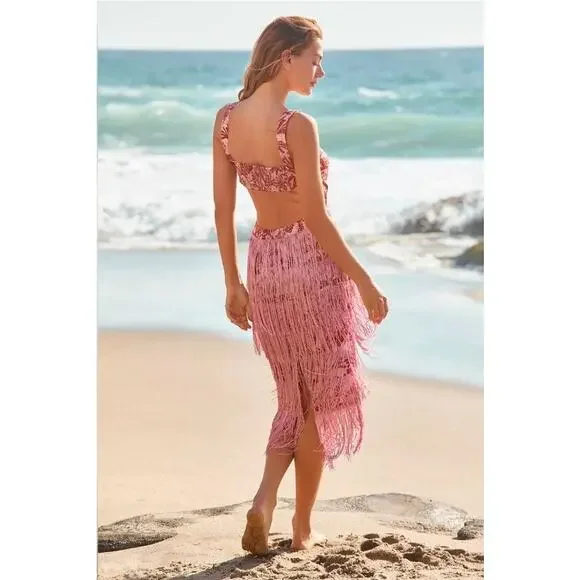 🤍 Anthropologie Linen Fringe Column Textured Statement Midi Dress L🤍 - Picture 2 of 3